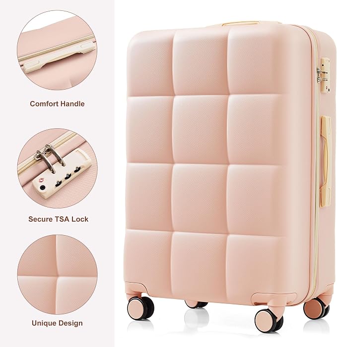 Hardside Luggage Sets, Lightweight Stripes Suitcase with Spinner Wheels, Pink Pink - Image 4