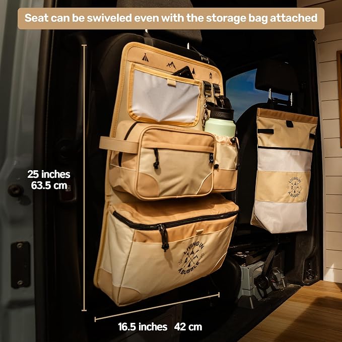 Living in a Bubble Seat back Organizer – Magnetic Toiletry and Cooler Pouch, Cordura Car Backseat Storage with Device Holder & Hooks, Multi-Compartment Utility Bag for Campervans & Family Travel - Image 5