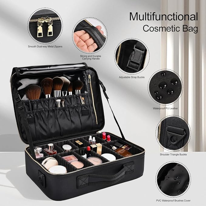 Travel Makeup Bag with Brush Holder, Professional Cosmetic Train Case Organizer, Portable Travel Makeup Brush Carry Case Artist Storage Box with Adjustable Dividers and Shoulder Strap, Leather Black - Image 3