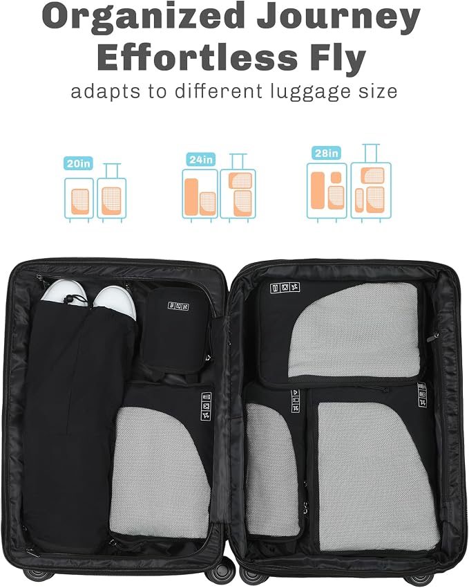 Hynes Eagle 6 Set/ 4 Set/ 2 Set Compression Packing Cubes Travel Essentials Lightweight Nylon Luggage Suitcase Organizer Bag Black 6PCS - Image 3