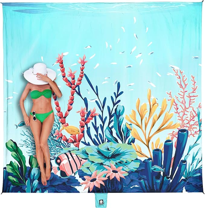 WEKAPO Beach Blanket Waterproof Sandproof Oversized, Extra Large Beach Mat Sand Free, Lightweight & Compact Sand Free Mat with 5 Stakes & 4 Corner Pockets by Wekapo