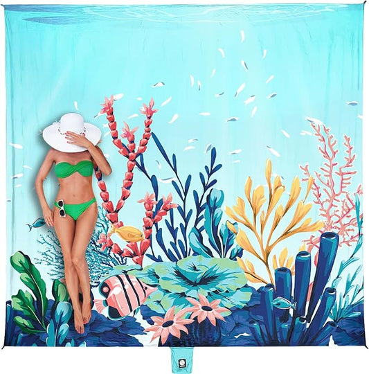 WEKAPO Beach Blanket Waterproof Sandproof Oversized, Extra Large Beach Mat Sand Free, Lightweight & Compact Sand Free Mat with 5 Stakes & 4 Corner Pockets by Wekapo