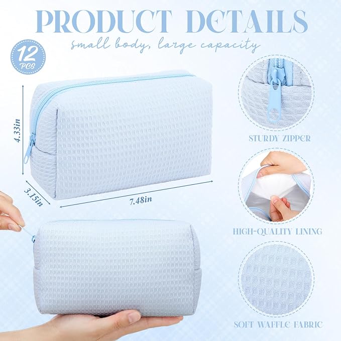 Gilprop 12 Pcs Holiday Gifts for Women Cozy Makeup Bag Portable Travel Waffle Toiletry Bag Soft Wedding Makeup Organizer Large Pouch with Zipper for Bridesmaid Friend (Light Blue) - Image 2