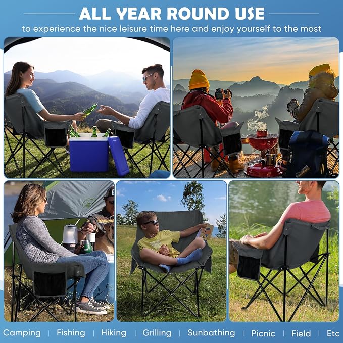 HaSteeL Camping Chair for Adults, Compact Folding Portable Chairs Set with Side Pockets for Outdoors Fishing, Hiking, Backpacking, Picnic, Beach, Travel, Supports to 250lbs, & Storage Bags (Grey) - Image 7