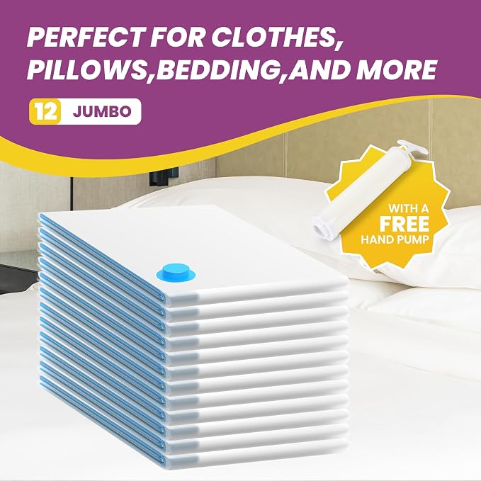 InfiniPower Vacuum Storage Bags (12 Jumbo) 80% Space Saver with Travelling Pump for Quilts and Blankets - Image 2