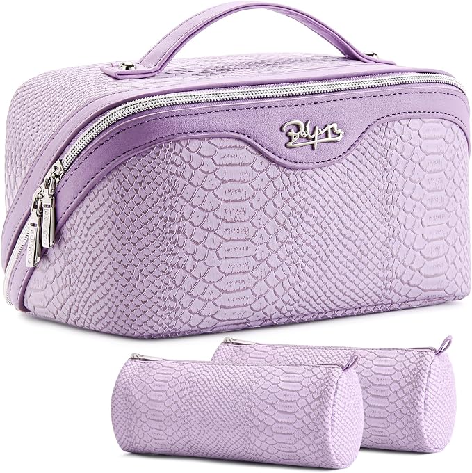 BOYATU Travel Makeup Bags for Women: 3 Pcs Set Wide Open Cosmetic Bag - Portable Make up Bags with Handle - Vegan Leather Toiletry Organizer Bag with Divider (G-01-Purple) by BOYATU