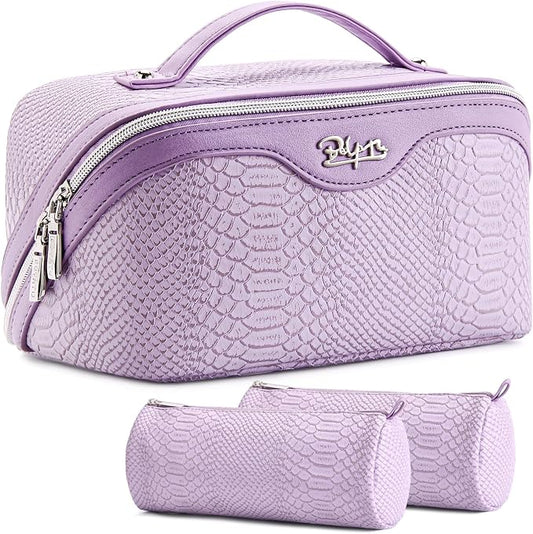 BOYATU Travel Makeup Bags for Women: 3 Pcs Set Wide Open Cosmetic Bag - Portable Make up Bags with Handle - Vegan Leather Toiletry Organizer Bag with Divider (G-01-Purple) by BOYATU