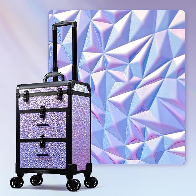 Professional Rolling Makeup Train Case with Drawers, Large Cosmetic Trolley with Locks, Cosmetics Storage Organizer Make up Case for Travel Makeup/Nail Art/Hair Styling, Shiny Pink - Image 5