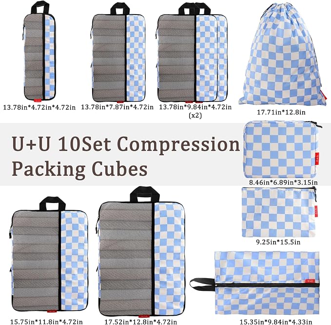 U+U 10 Set Compression Packing Cubes - Ultralight Travel Organizers with Laundry Bag and Cosmetic Bag, Space-Saving Suitcase Organizer for Travel, Business Trip and Family Vacation (Blue Checkered) - Image 3