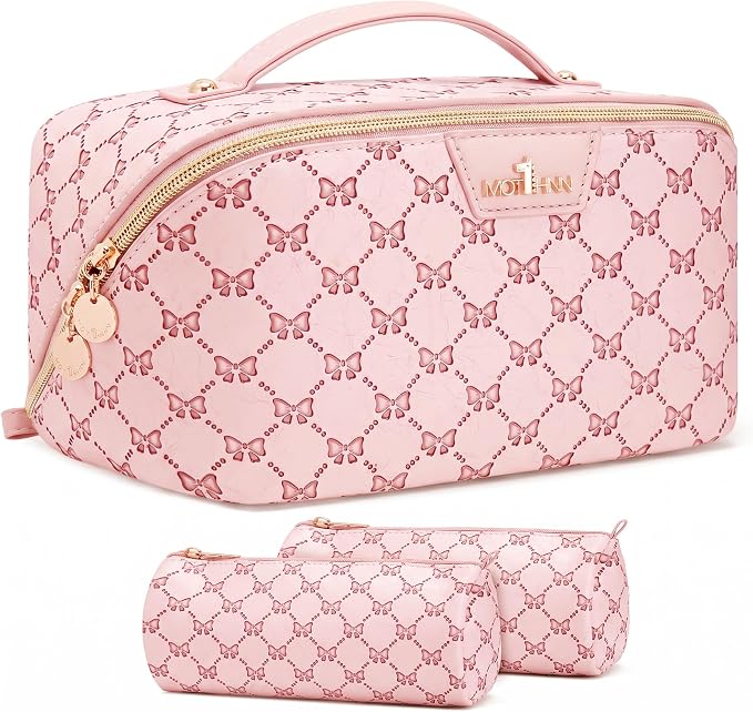 Travel Makeup Bags for Women: 3 Pcs Set Luxury Bow Print Make up Bag - Large Capacity Cute Cosmetic Case - 3–15 Day Travel Toiletry Organizer Bag, Comes with An Gift Box(Jewel pink) by Unknown