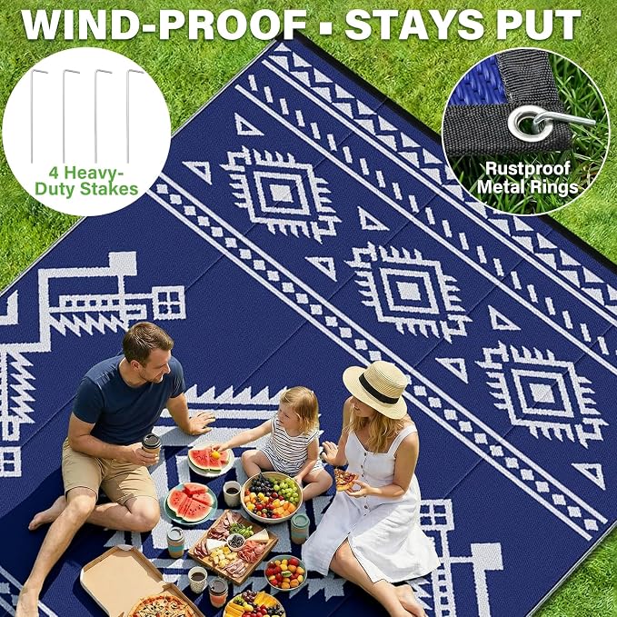 GOTGELIF 9x12 ft RV Camping Rug Waterproof, Large Reversible Bohemian Outdoor Plastic Straw Mat with Carry Bag, 4 Stakes & Seam, UV-Resistant Portable Carpet for Patio Pool Beach Deck (Blue & White) - Image 6