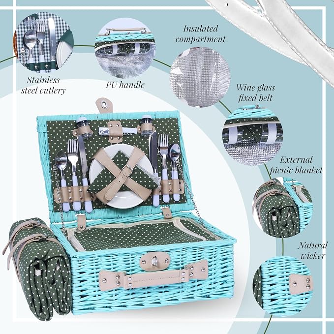 YPshuye Picnic Basket Set for 4 with Waterproof Blanket Mat Insulation Bag Wicker Blue Green Light Hawaiian Tropical Style Gift for Wedding Birthday Summer Camp Outdoor Camping Beach Travel Christmas - Image 5