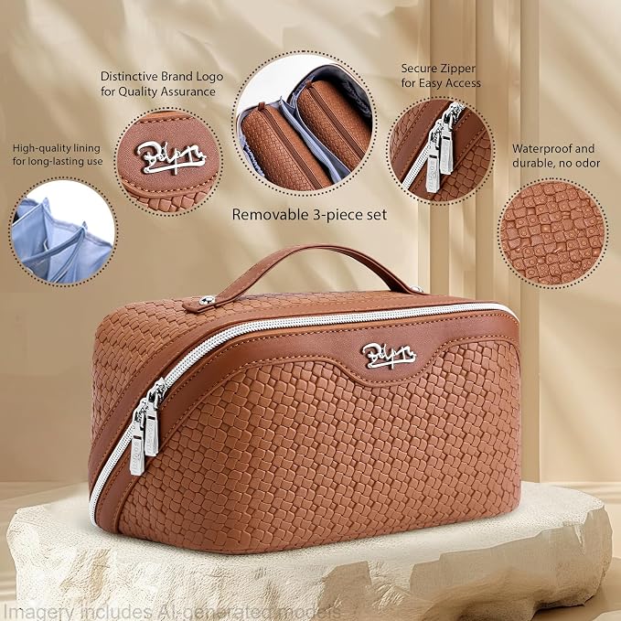 BOYATU Travel Makeup Bag Cosmetic Bags for Women: Large Capacity 3 Pcs Set Make up Bag with Compartments - Waterproof Vegan Leather Toiletry Organizer Bags with Handle (L53Brown) - Image 2