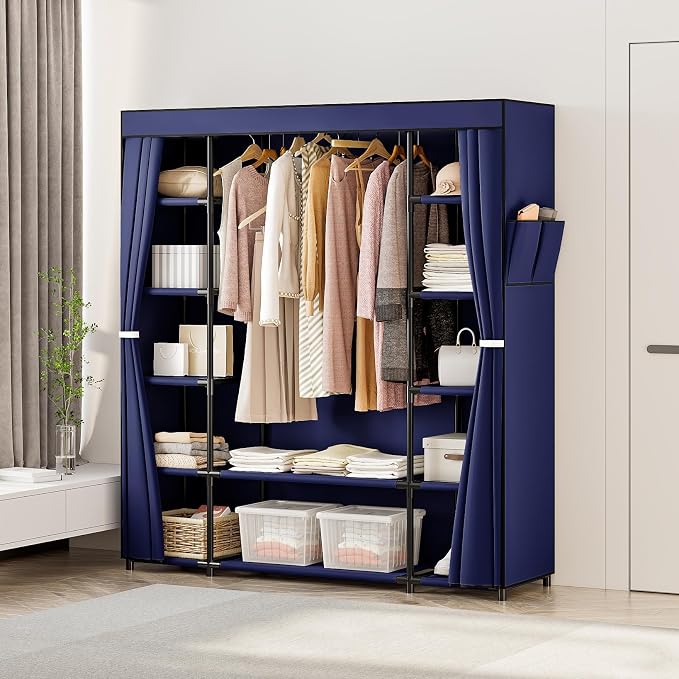 SORCEDAS Portable Closet Wardrobe Organizer Storage with Cover Non-Woben Fabric Portable Wardrobe Closet for Hanging Clothes Racks Shelving 33 Inch for Bedroom, Blue (Blue, 59Inch) - Image 4