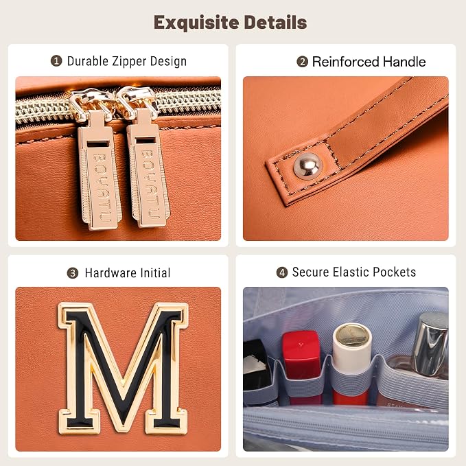 BOYATU Makeup Bag Gift for Women: 3-in-1 Travel Personalized Cosmetic Bag | Initial Make up Bag - Monogram A-Z - Vegan Leather Flat Open Toiletry Organizer - Ideal Gift Set for Birthday Graduation - Image 7