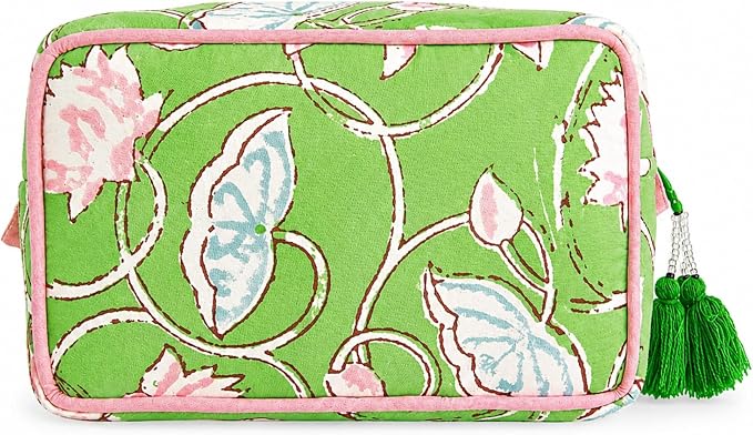 Huar Travel Makeup Bag- Large Capacity Cosmetic Bags for Women - Water Resistance Lining Portable Pouch & Open Toiletry Bag - Perfect Girls Makeup Organizer for Travel Essentials (Lime & Pink Floral) by Huar