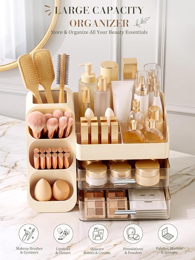 Large Makeup Organizer Countertop Skincare Organizers, Spacious Cosmetic Display Case for Vanity Organizers Storage, Waterproof Make Up Organizer for Bathroom, Birthday Gifts for Women, Cream - Image 3