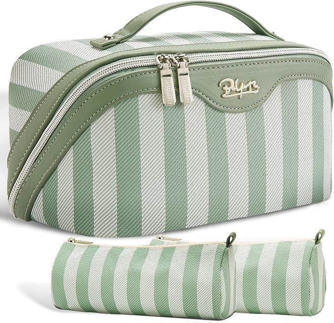 BOYATU Travel Makeup Bag for Women: Large Cosmetic Bag Set of 3 - PU Leather Make up Bag with Compartments - Compact Waterproof Toiletry Bag with Divider & Handle (B-3-Green) by BOYATU