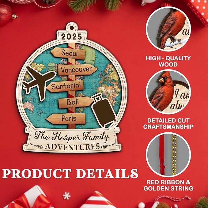 Custom Travel Adventure Ornament, Personalized Travel Adventures Ornament 2025, 2-Layered World Traveler Ornaments, Traveling Destination Christmas Ornaments, Family Travel Gift