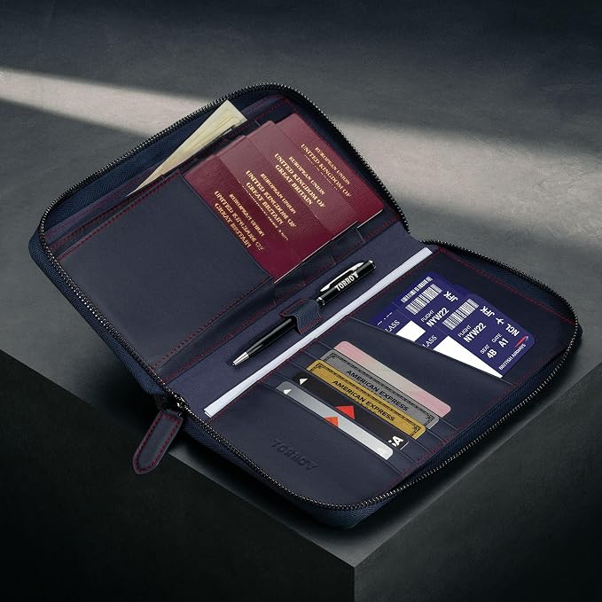 TORRO Premium Leather Family Travel Wallet, RFID Blocking Travel Organizer, Family Passport Holder for 4 Passports, Travel Documents and Cards (Navy Blue) - Image 3