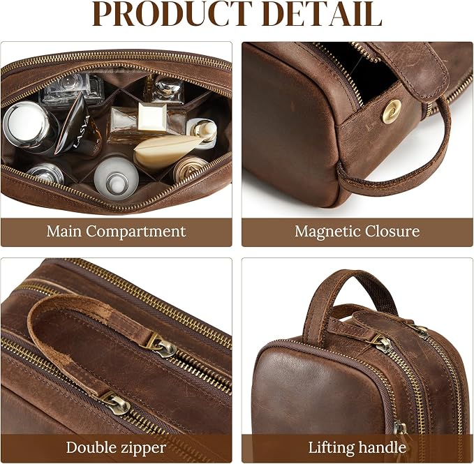 S-ZONE Leather Travel Toiletry Bag for Men Women Cosmetic Shaving Bags | Vintage Top Grain Leather, Multi Compartments, Bronze Hardware, Compact Dopp Kit - Image 4