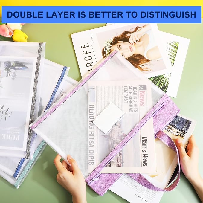 Zhehao 12 Pcs Student Book Pouches with Handle Document Bag Sew Project Bag for Quilting Mesh Zipper Pouch File Artwork Storage Organize for A4 Files, 14 x 11 Inch - Image 7