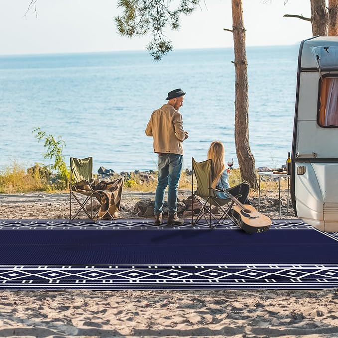 GENIMO Outdoor Rug, Waterproof Plastic Rugs 10'x14' for Camping Blue White | Outside Larger Modern Carpet Mat for Porch Decor, Deck, Balcony, Camping, RV, Backyard, Picnic, Beach, Reversible - Image 8