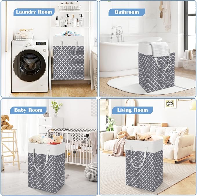 BlissTotes 3-Pack Laundry Basket, Freestanding＆Waterproof Laundry Hamper, Collapsible Tall Clothes Hamper with Easy Carry Handles for Clothes, Towels in the Family and Dorm,Clover Grey,88L - Image 6