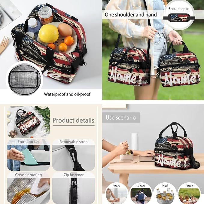American Flag Fish Backpack for Boys Girls Personalized Custom Your Kids Name School Backpack with Lunch Box Pencil Case 3 Pieces Set Add Your Name on School Bag - Image 3