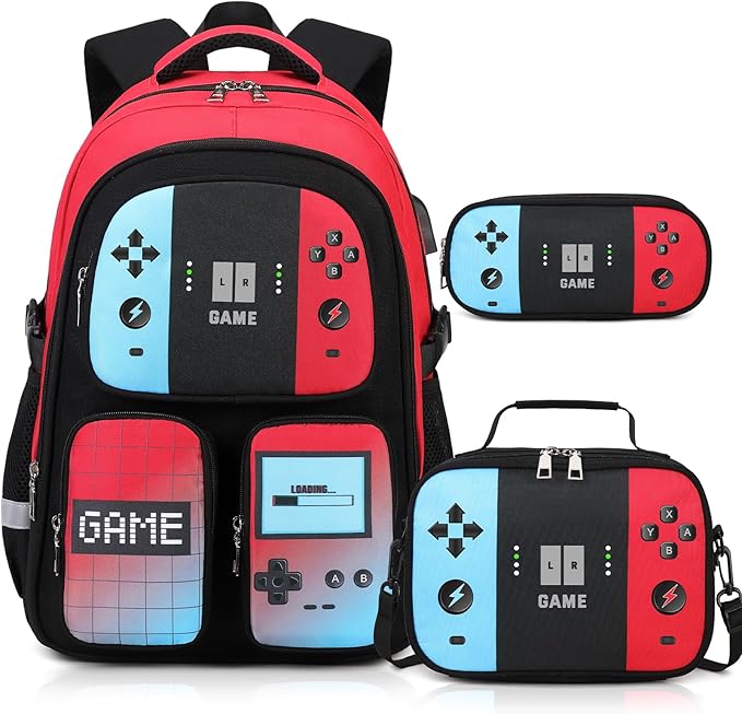 Gamer Backpack for Boys , 3PCS Boys Backpack with Lunch Box & Pencil Pouch, Waterproof School Bags for Boy Kids Children Teens, Elementary Middle School, Kids Book Bag Casual Daypack (Red Black) by Jafeton