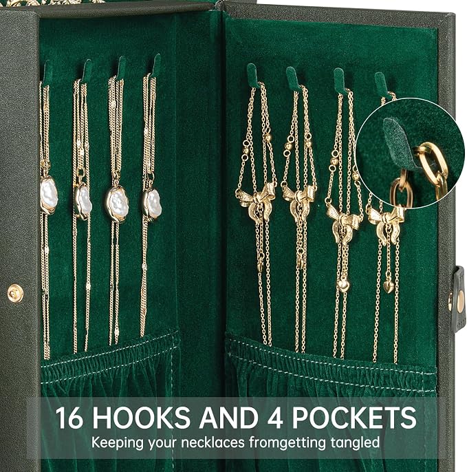 AKOZLIN 6-Tier Jewelry Box Organizer Functional 5 Drawers Leather Jewelry Storage Case for Women Girls Ring Necklace Earring Bracelet Holder Organizer with Mirror Medium Dark Green - Image 5