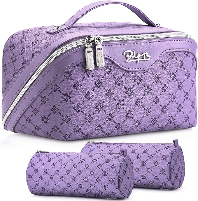 BOYATU Travel Makeup Bag Cosmetic Bags for Women: 3 Pcs Set Large Capacity Make up Bag with Handle - Vegan Leather Toiletry Bags with Compartments - Makeup Organizer for Travel Essentials(A-9-Purple) by BOYATU