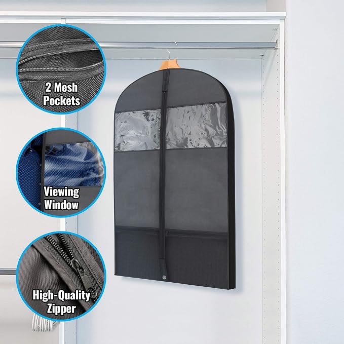 Plixio 43" Black Garment Bags for Travel or Hanging Clothes Storage Suit | Zippered Breathable Gusset, Clothing Cover for Men and Women, Shirts Fur Coats and Jackets, Dress Carrier - Image 2