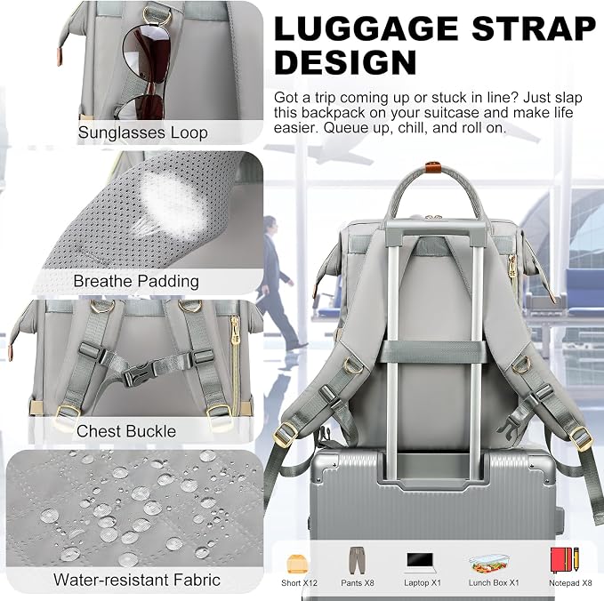 AIJIEKE Lunch Backpack for Women, 15.6 Laptop Backpack, Lunch Box, Gray | Water resistant computer bag with insulated leakproof cooler. Travel meal prep backpack for nurse, teacher, college commute - Image 4