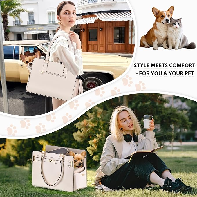 Dog Purse Carrier for Small Dogs, Stylish Foldable Pet Carrier Purse Tote Bag with Washable Cushion & Safety Leash, Airline Approved Puppy Travel Bag with Pockets (White) - Image 7