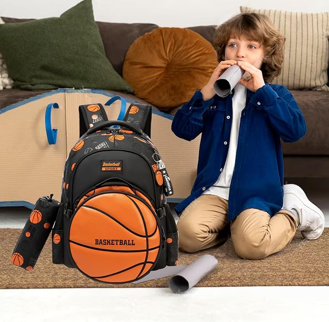 Boys' School Backpack with Lunch Box and Pencil Case - Ideal for Teens and Middle School Students, Orange Basketball - Image 6