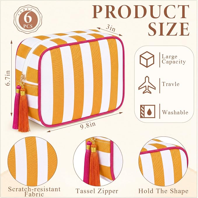 Kacctyen 6 Pack Orange and White Striped Makeup Bag bulk with Tassel Travel Cosmetic Pouch Organizer Large Zipper Toiletry Case for Women Aesthetic Storage Pouch Mahjong Tile Bag - Image 2
