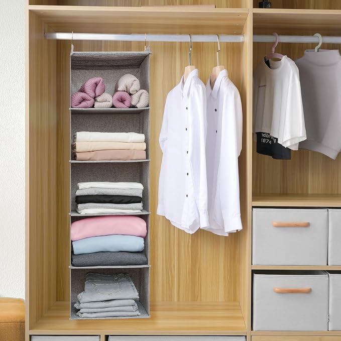 Large Hanging Sweater Organizer for Closet,Collapsible 6-Shelf Hanging Closet Shelves with Drawers, Washable (Grey-5 Shelf) - Image 3