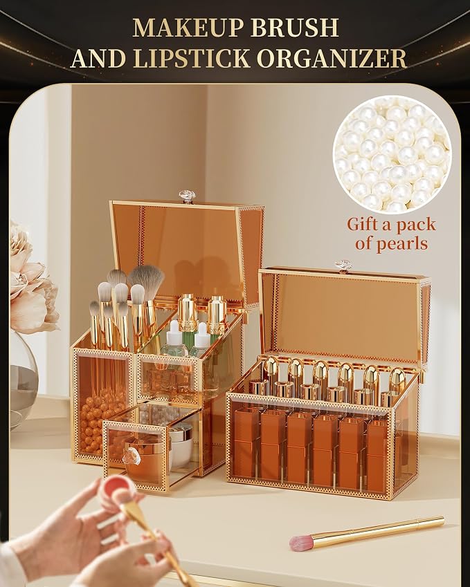 CoralHouse Makeup Organizer Countertop Set – Vanity Holder with 18-Slot Lipstick Organizer & Covered Makeup Brush Holder – Skincare, Perfume & Cosmetic Display for Bathroom or Dresser - Image 2