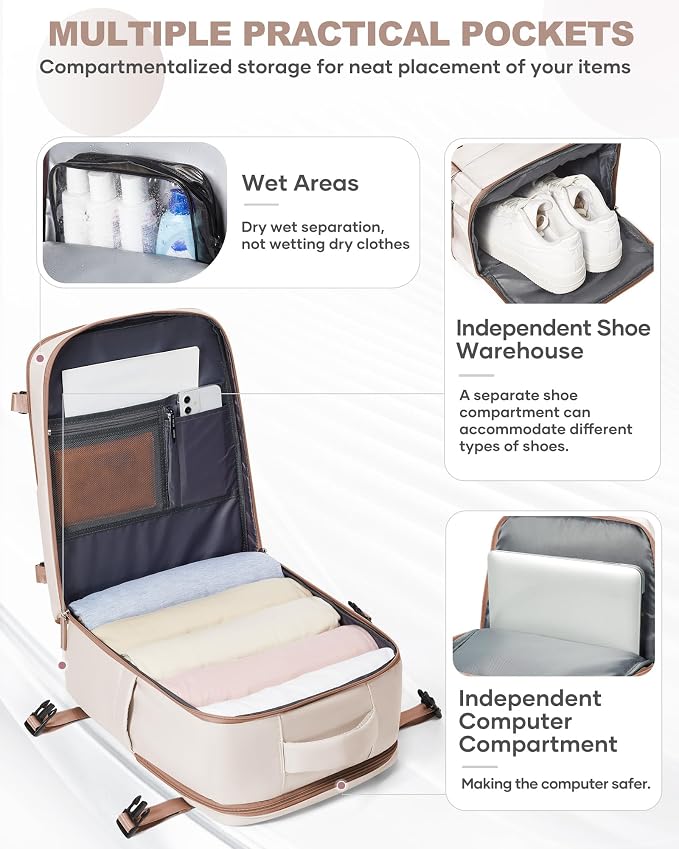 coowoz Travel Backpack Carry On for Women Man Gym Backpacks with Laptop Compartment Mochila de Viaje Teacher Personal Item Backpack Airplane Accessories Must Haves Beige Brown 20L - Image 5