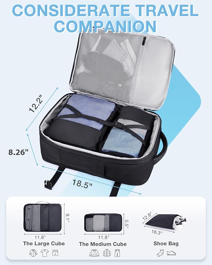 BAGSMART 40L Black Travel Laptop Backpack with Packing Cubes and Shoe Bag | Black weekender bag fits 17" laptop. Water resistant luggage with packing cubes and shoe pouch. - Image 3