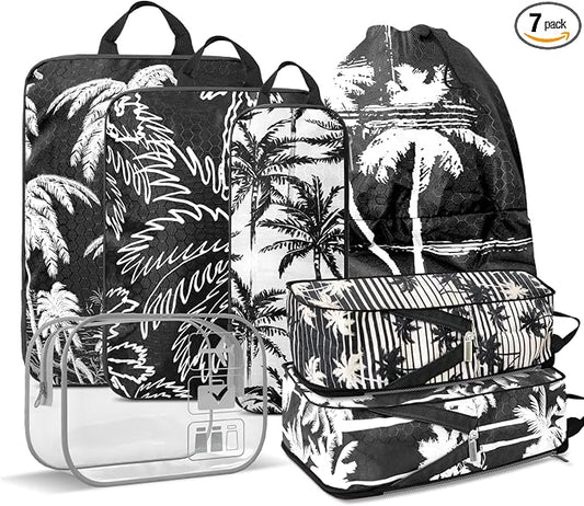 Tropical Palm Tree Travel Packing Cubes Set (7 Piece) | Ultra-Lightweight, Travel Organizers with Quick-Access Pockets, Cruise & Vacation Essentials for Carry-Ons, Black by Unknown