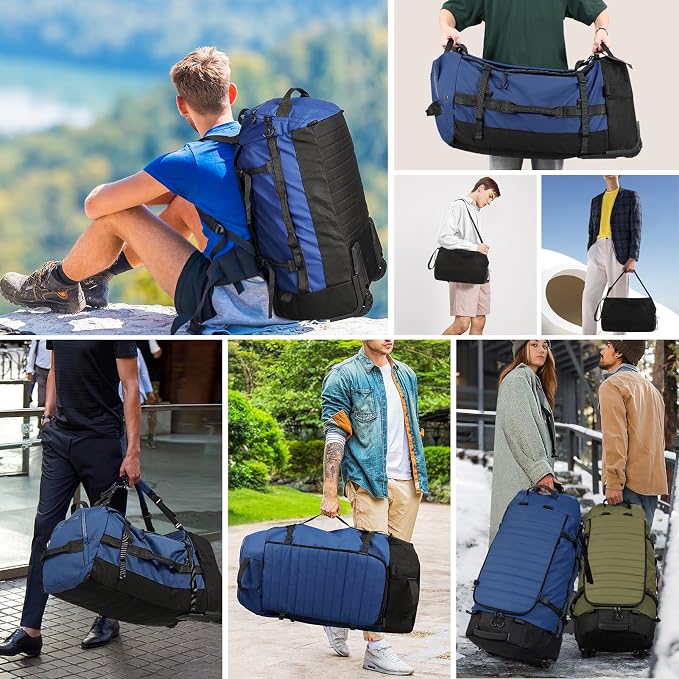 Vomgomfom 86L Foldable Duffle Bag with Wheels - Waterproof Rolling Travel Bag, Collapsible Luggage No Telescopic Handle, for Men Women Camping Sports Weekend Trips，Navy - Image 2