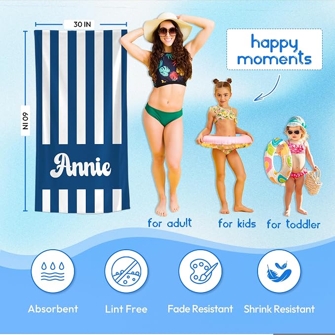 JML Personalized Beach Towel with Name, Custom Cabana Stripe Beach Towel, Customized Microfiber Pool Towel, Quick Dry & Absorbent Swim Towel for Adult,Mother's Day, Birthday, Summer Holiday,Vacation - Image 3