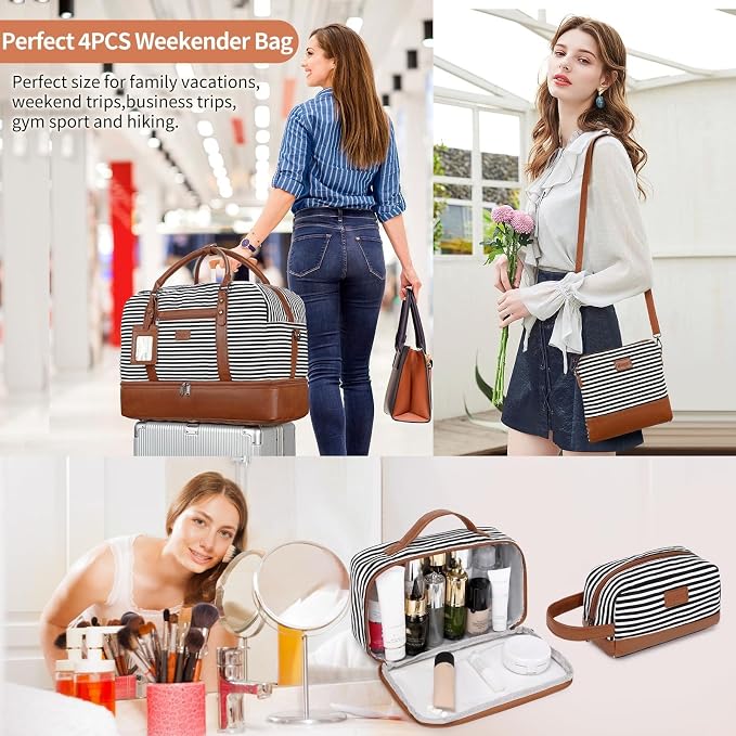 Wogarl 4PCS Weekender Bags for Women Large Overnight Weekend Travel Duffel Carry on Shoulder with Shoe Compartment Canvas Toiletry Bag for Travel Business Gym - Image 2
