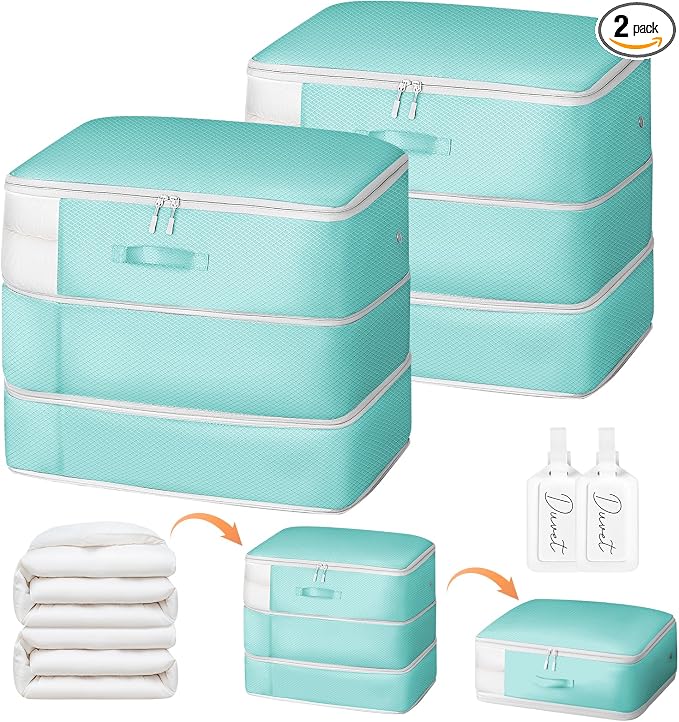 Comforter Storage Bag - Large Capacity Blanket Storage Bags 3-Layer Ultra Space Saving Self Compression Organizer, Washable Compression Bags for Storage Comforter Blanket, 2-Pack, Blue by EasortmPackingCubes