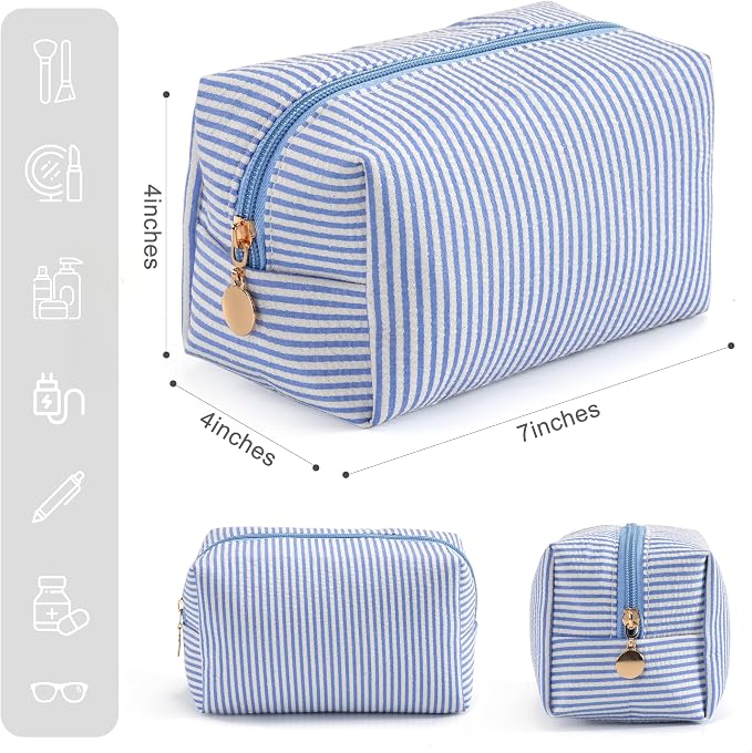 Makeup Bag Set for Women, 6PCS Travel Cosmetic Bags Pencil Case, Striped Seersucker Toiletry Organizer Pouches, Cute Makeup Pouch for Purse, Accessories and Gifts, Blue - Image 2