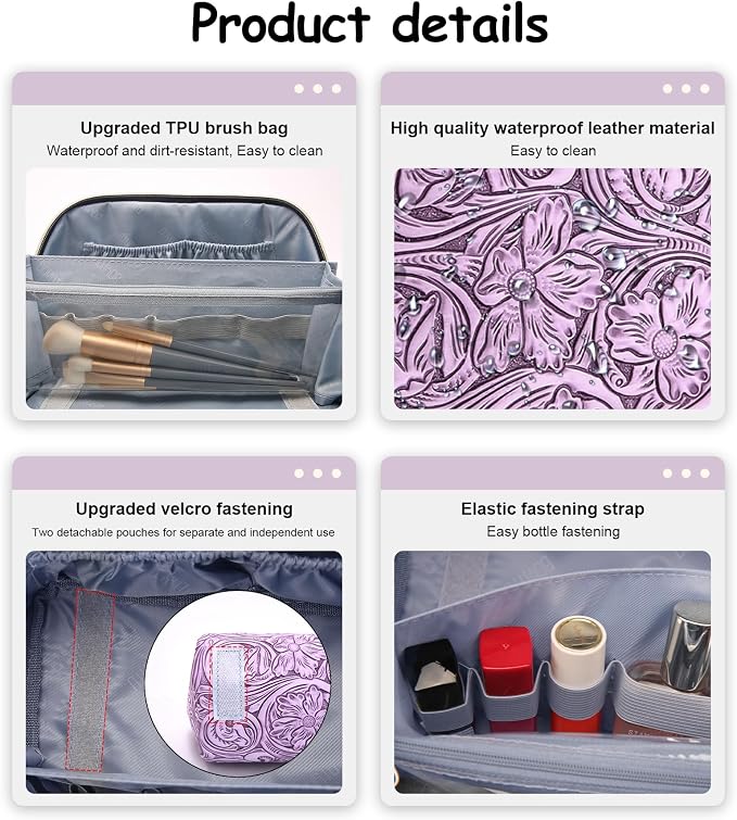 BOYATU Travel Makeup Bags Cosmetic Organizer Bag: 3 Pcs Set Large Capacity Floral Make up Bag with Compartments - Waterproof Leather Toiletry Bags with Handle for Women (21-Purple) - Image 6