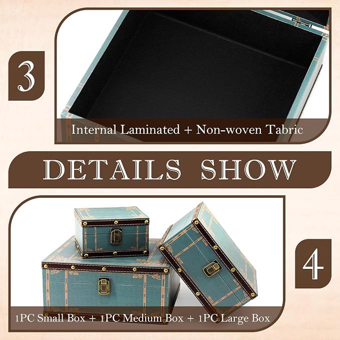 Jolitac Wooden Storage Box Set of 3, Antique-Looking Storage Containers with Secret Compartments Vintage Nesting Keepsake Chests for Jewelry, Cash, Photos Travel-Friendly & Stackable (Green) - Image 3
