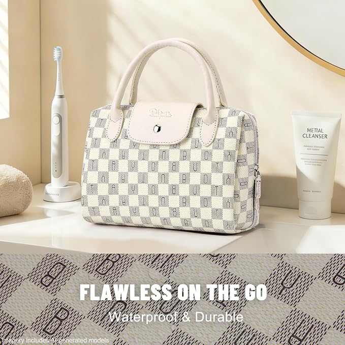 BOYATU Checkered Makeup Bag Organizer with Handle: Large Travel Cosmetic Bag Holds 10+ 100ml Full-Size Bottles for Date & Trip - Waterproof Leather Toiletry Pouch 3-sec Touch-up for Chic Woman(White) - Image 3